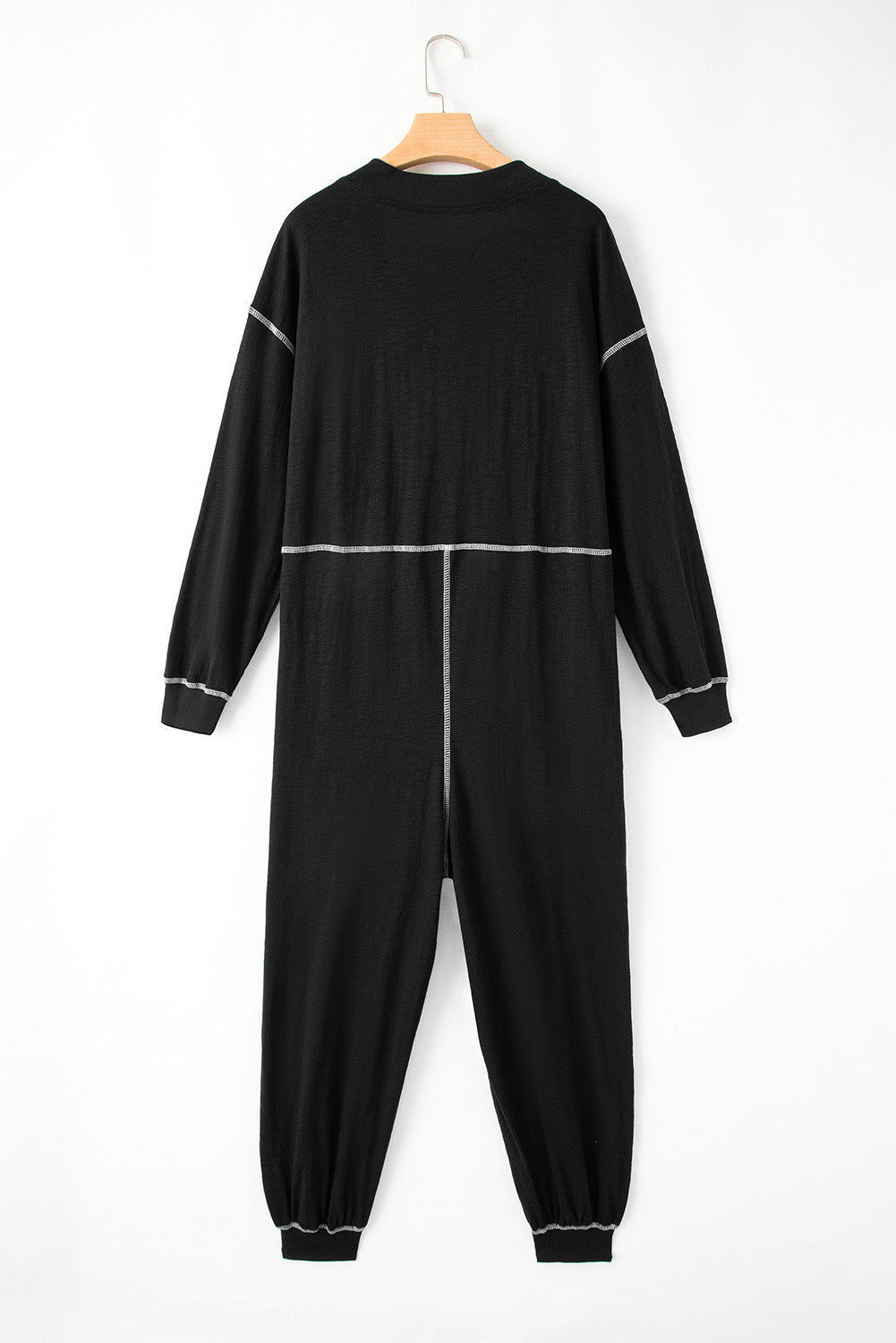 Black Flatlock Seam V Neck Baggy Jumpsuit