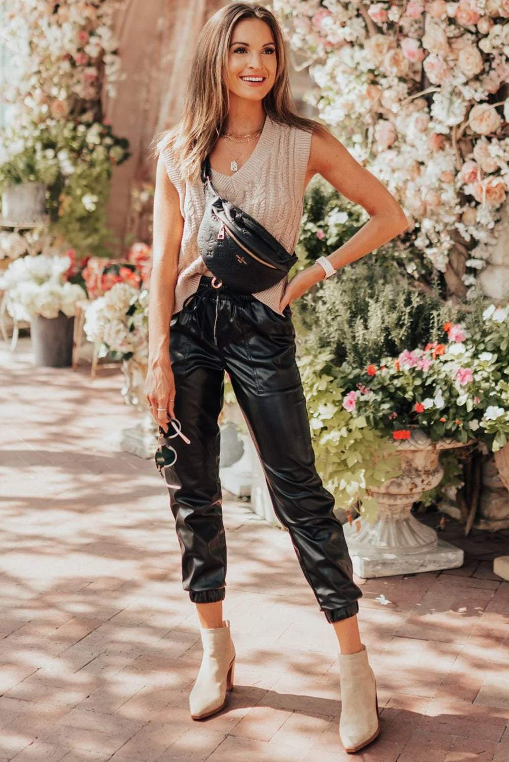 Black Faux Leather Look Drawstring Cropped Pants