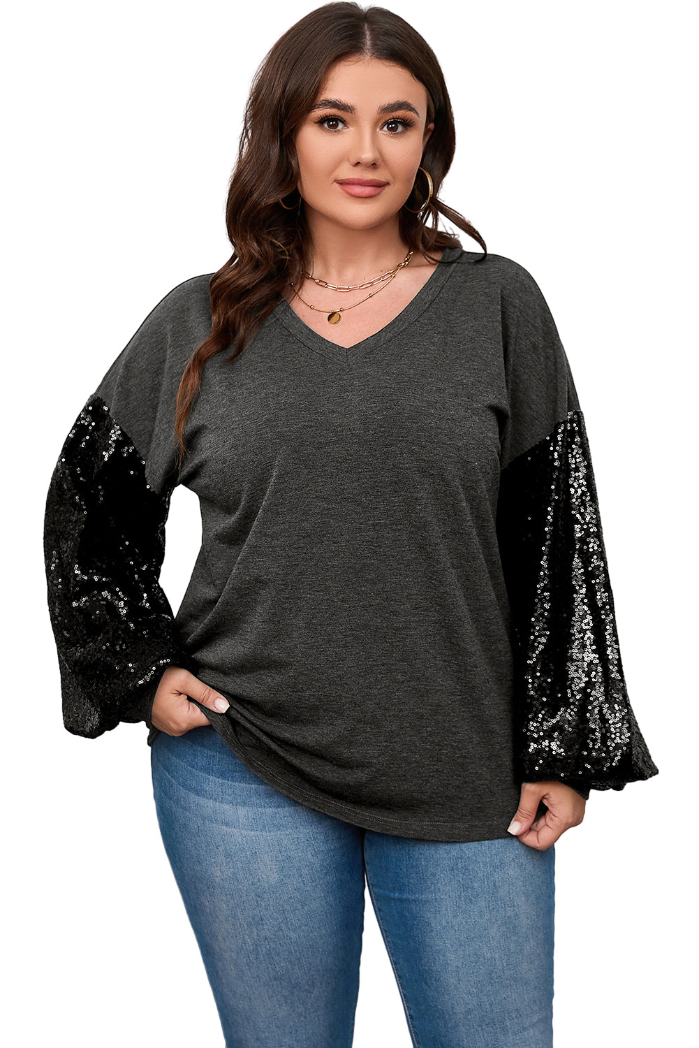 Black Plus Size Sequin Bubble Sleeve V Neck Knit Top