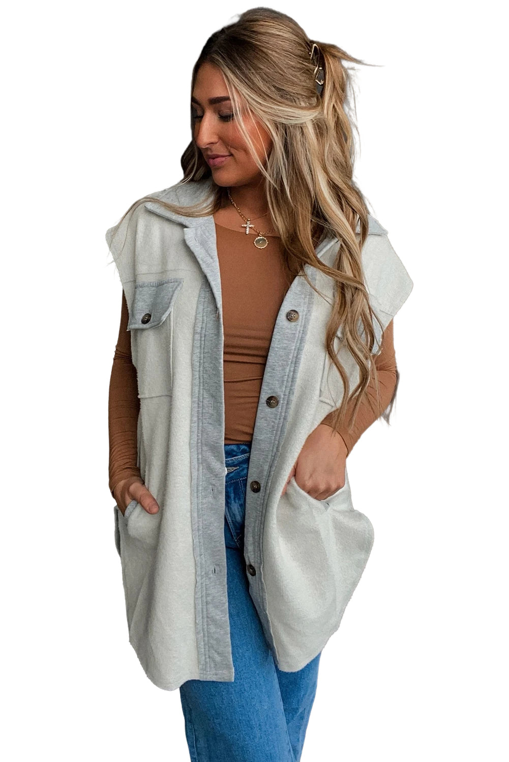 Light Grey Flap Pocket Jacket Vest(Available In Plus Sizes)