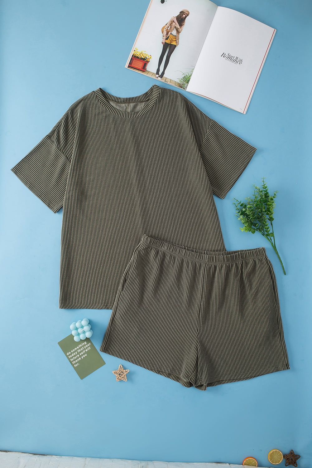 Moss Green Plus Size Rib Knit Shorts Set