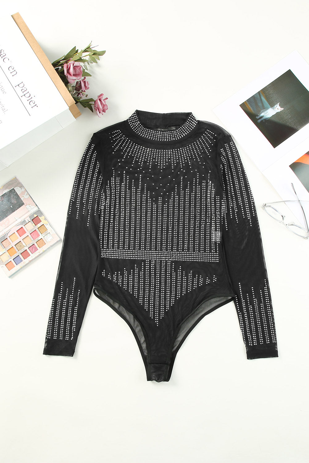 Black Rhinestone Sheer Mesh Bodysuit