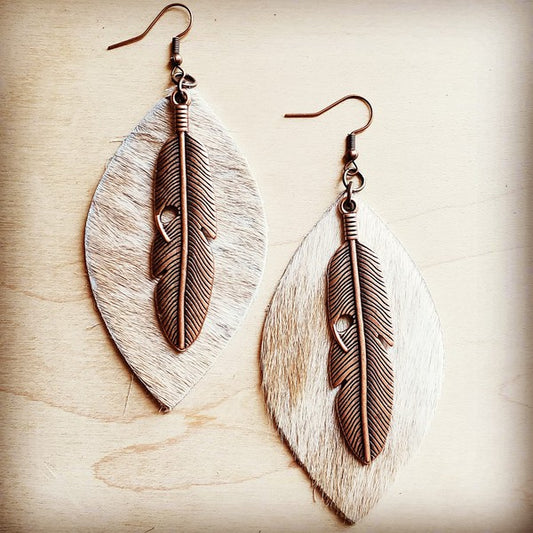 Leather Oval Earrings with Copper Feather