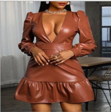 Brown PU leather dress