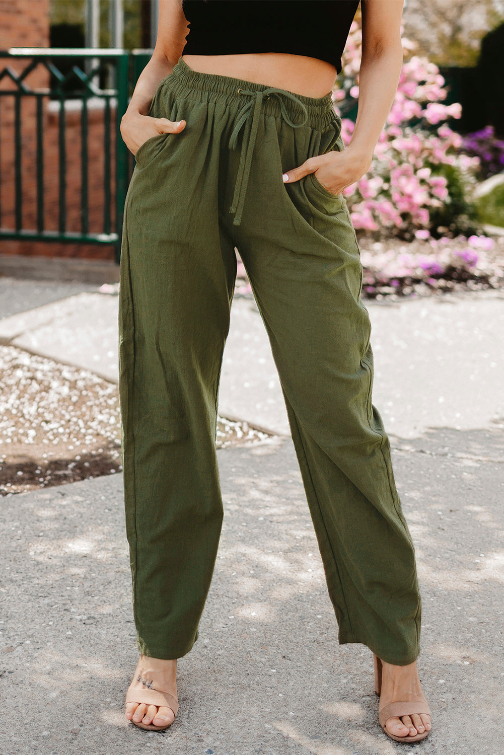 Green Drawstring Elastic Waist Straight Legs Pants