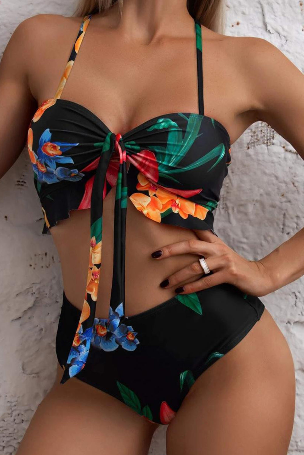 Black 3pcs Floral Bikini with Cover-up Swimsuit