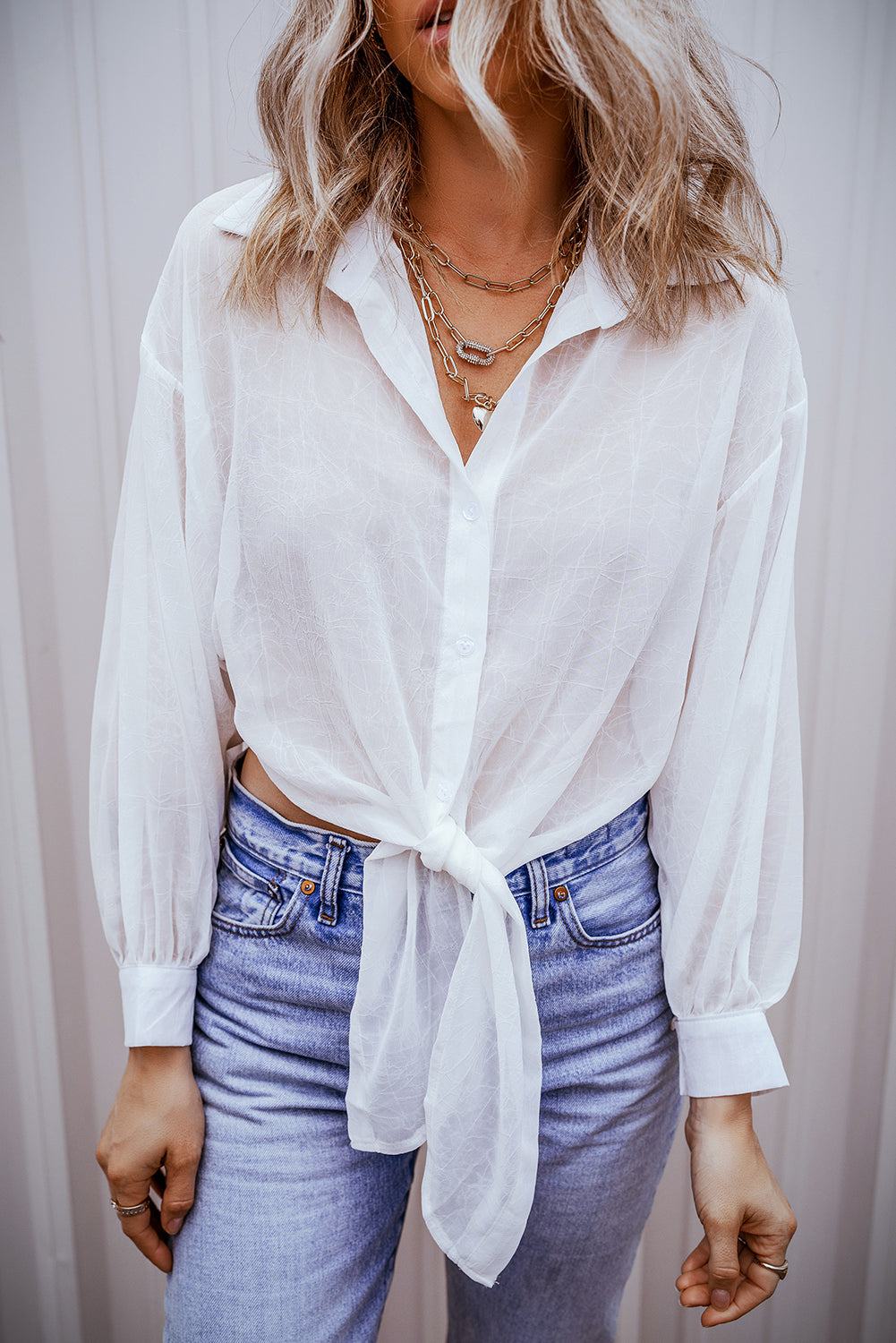 White Plain Knotted Front Loose Fit Sheer Shirt