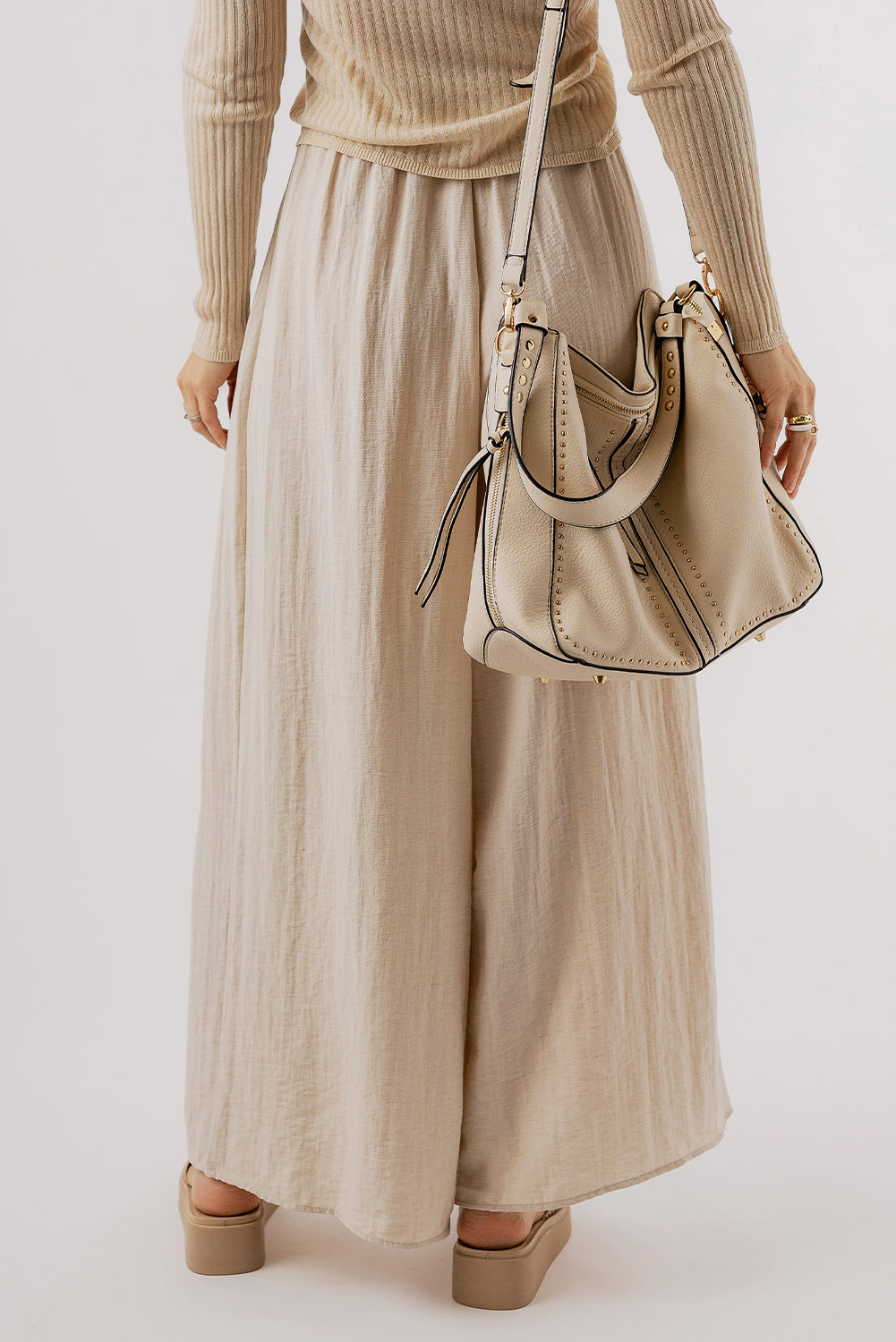 Beige Drawstring Pleated Wide Leg Pants