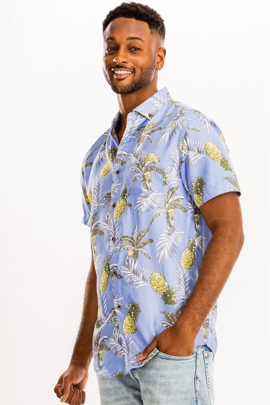 Light Blue Leaf Print  Hawaiian Shirt