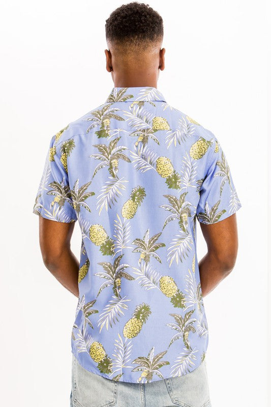 Light Blue Leaf Print  Hawaiian Shirt