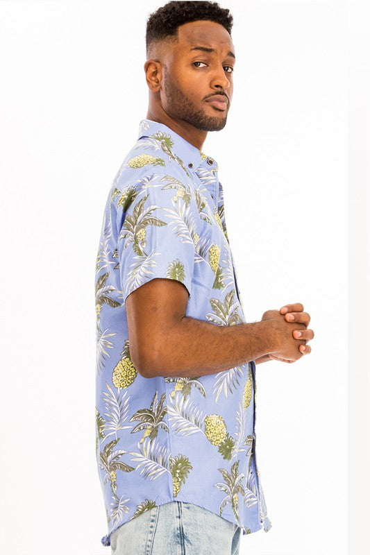 Light Blue Leaf Print  Hawaiian Shirt