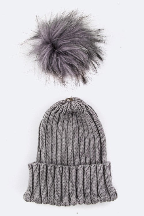 Raccoon Fur Pom Pom Beanie