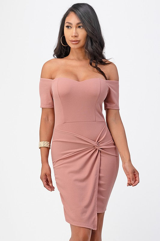 off shoulder front twist bodycon dress