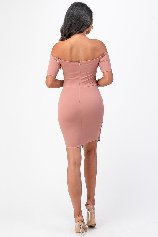 off shoulder front twist bodycon dress