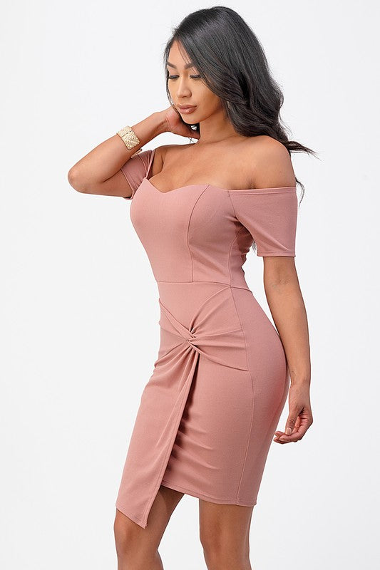 off shoulder front twist bodycon dress