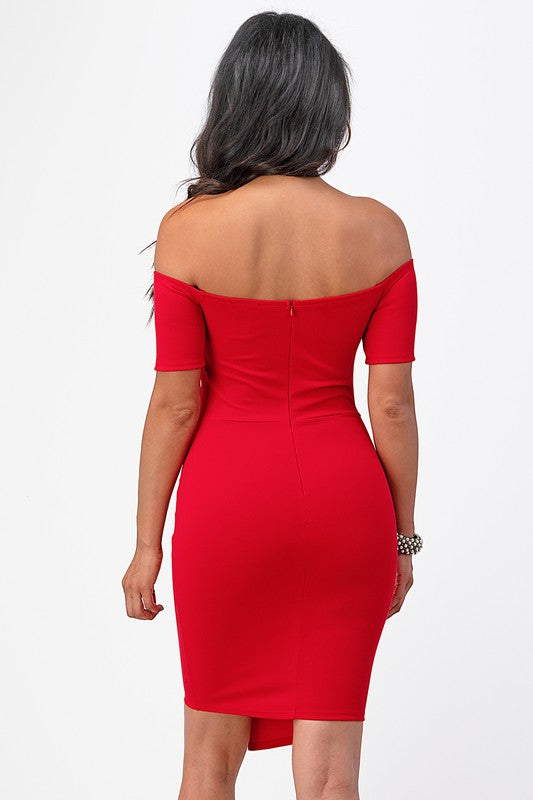 off shoulder front twist bodycon dress