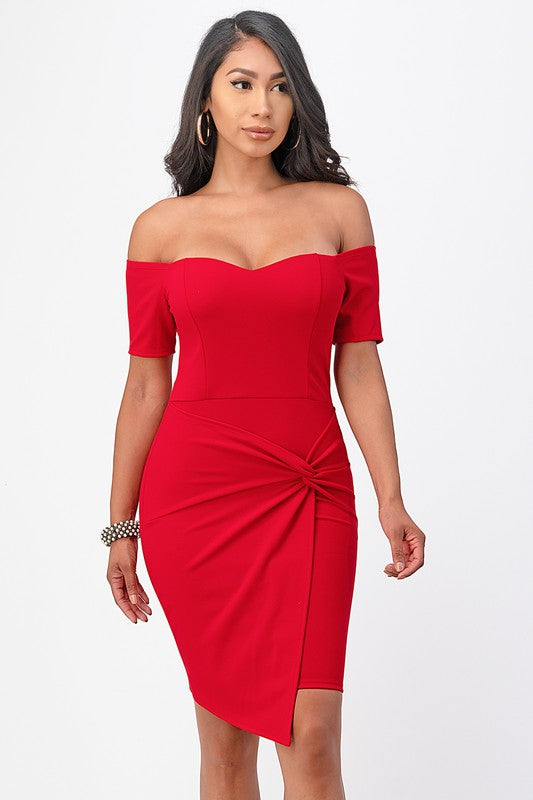 off shoulder front twist bodycon dress