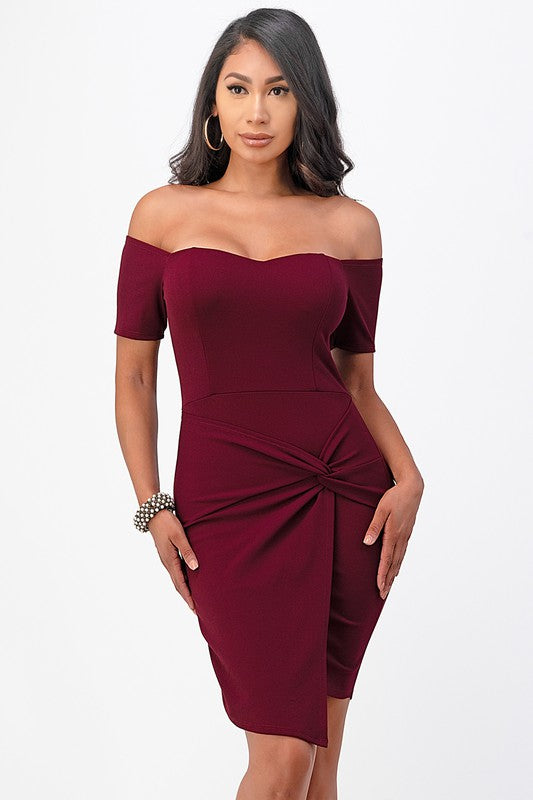 off shoulder front twist bodycon dress