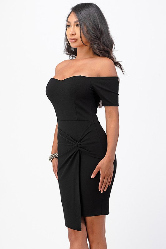 off shoulder front twist bodycon dress