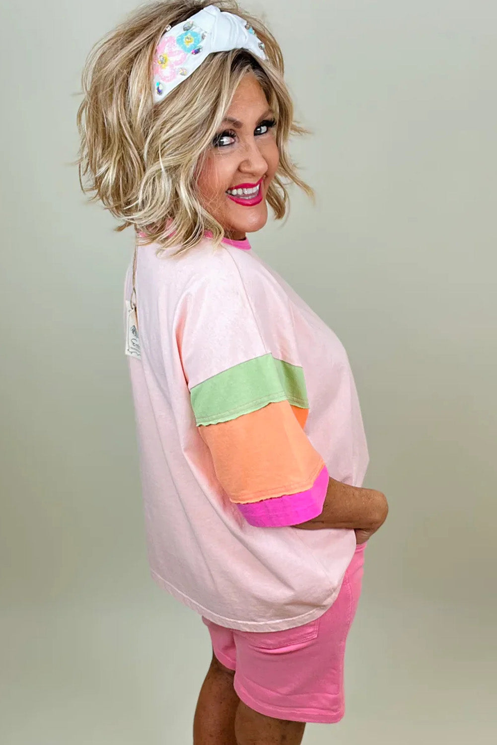 Pink Color Block Plus Size T Shirt