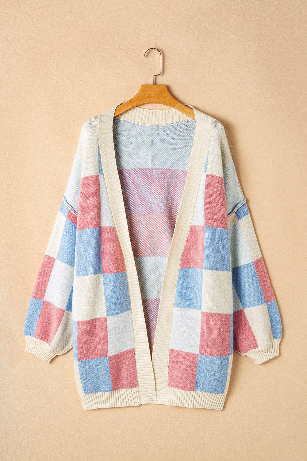 Light Blue Checkered Open Front Cardigan