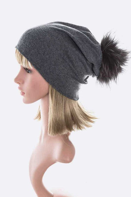 Oversize Raccoon Fur Slouchy Pom Beanie