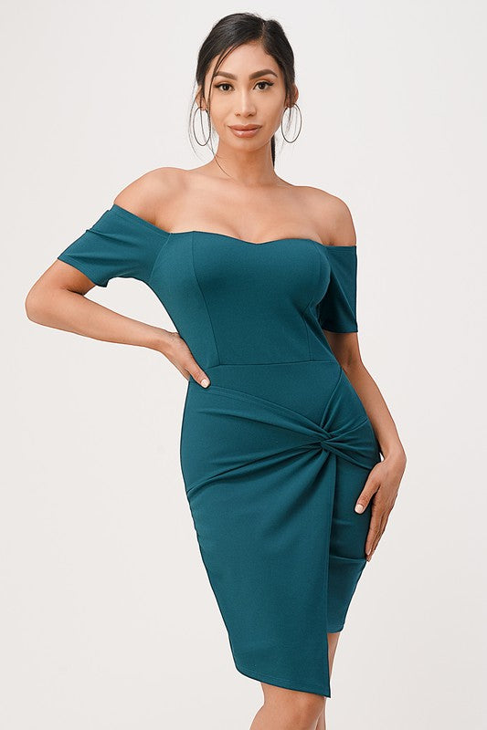 off shoulder front twist bodycon dress