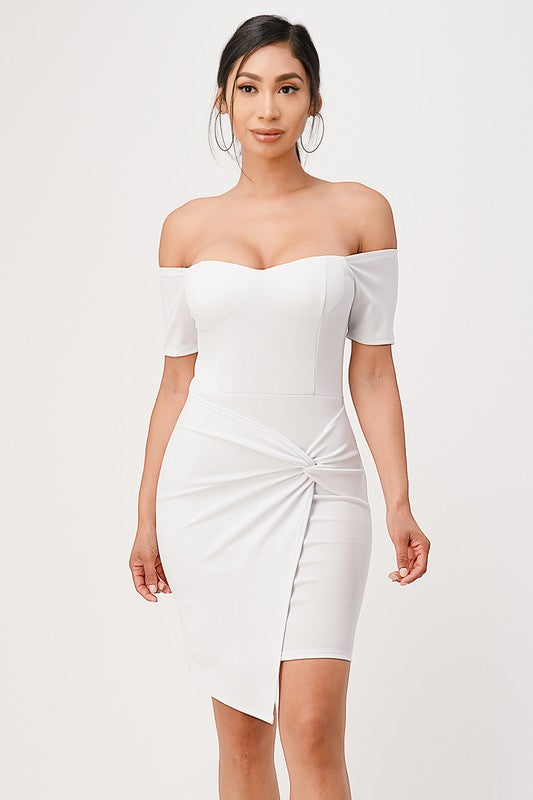 off shoulder front twist bodycon dress