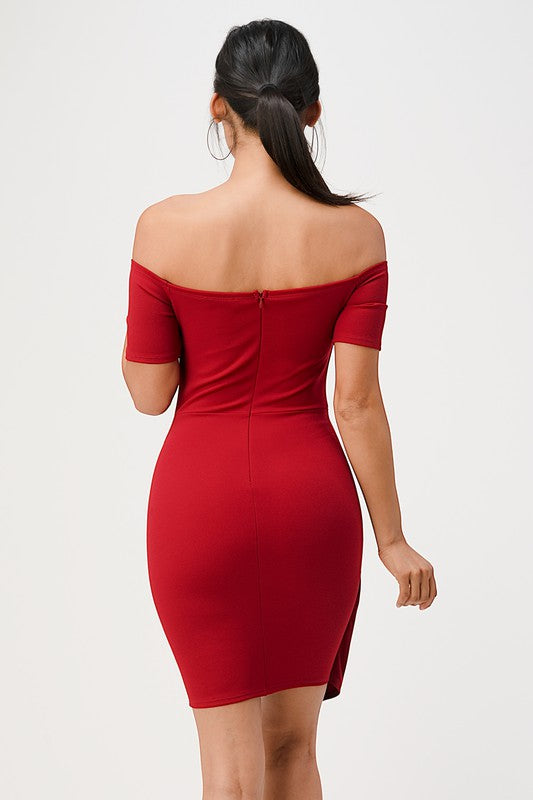 off shoulder front twist bodycon dress