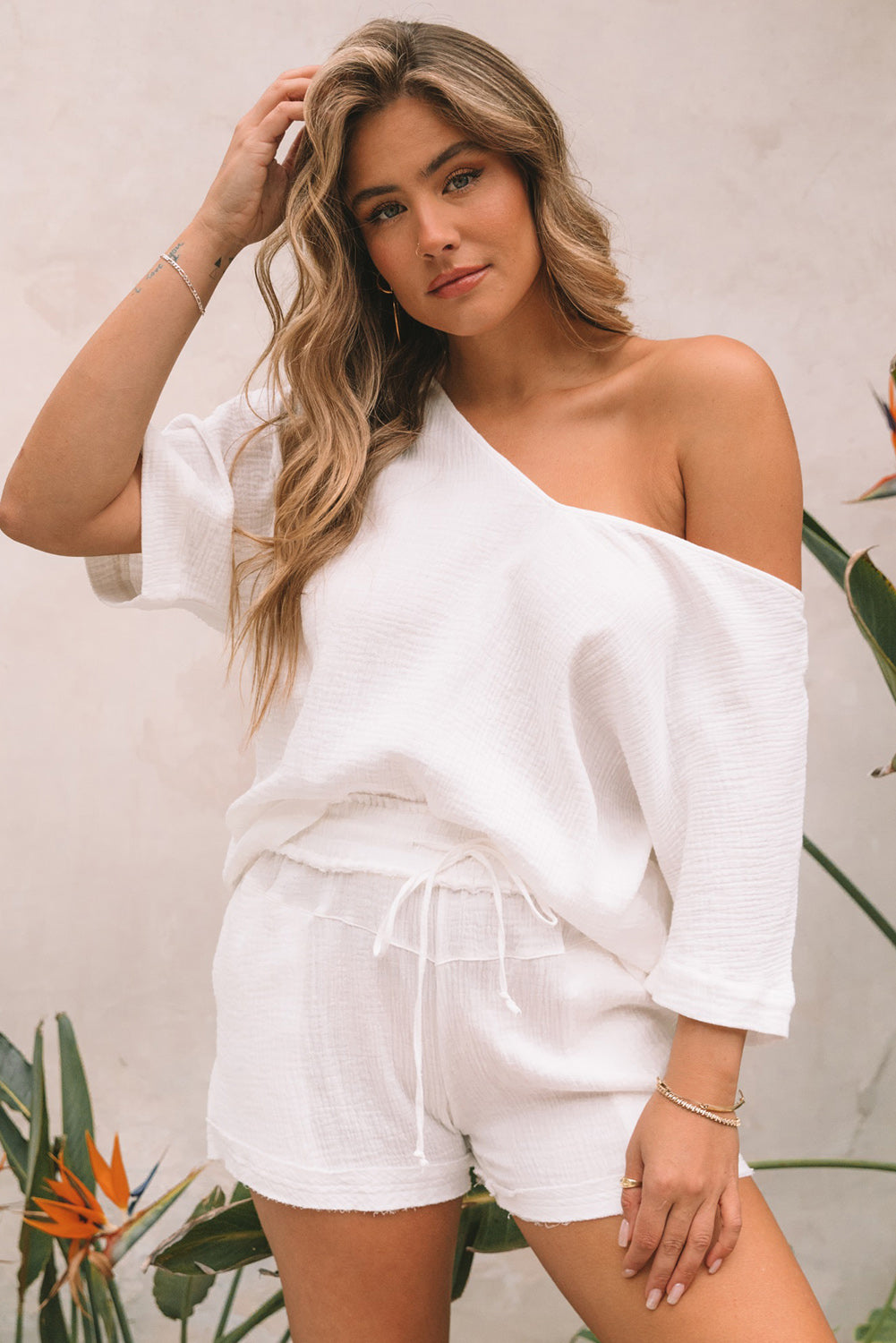 White Relaxed Off Shoulder Blouse and Drawstring Shorts Set