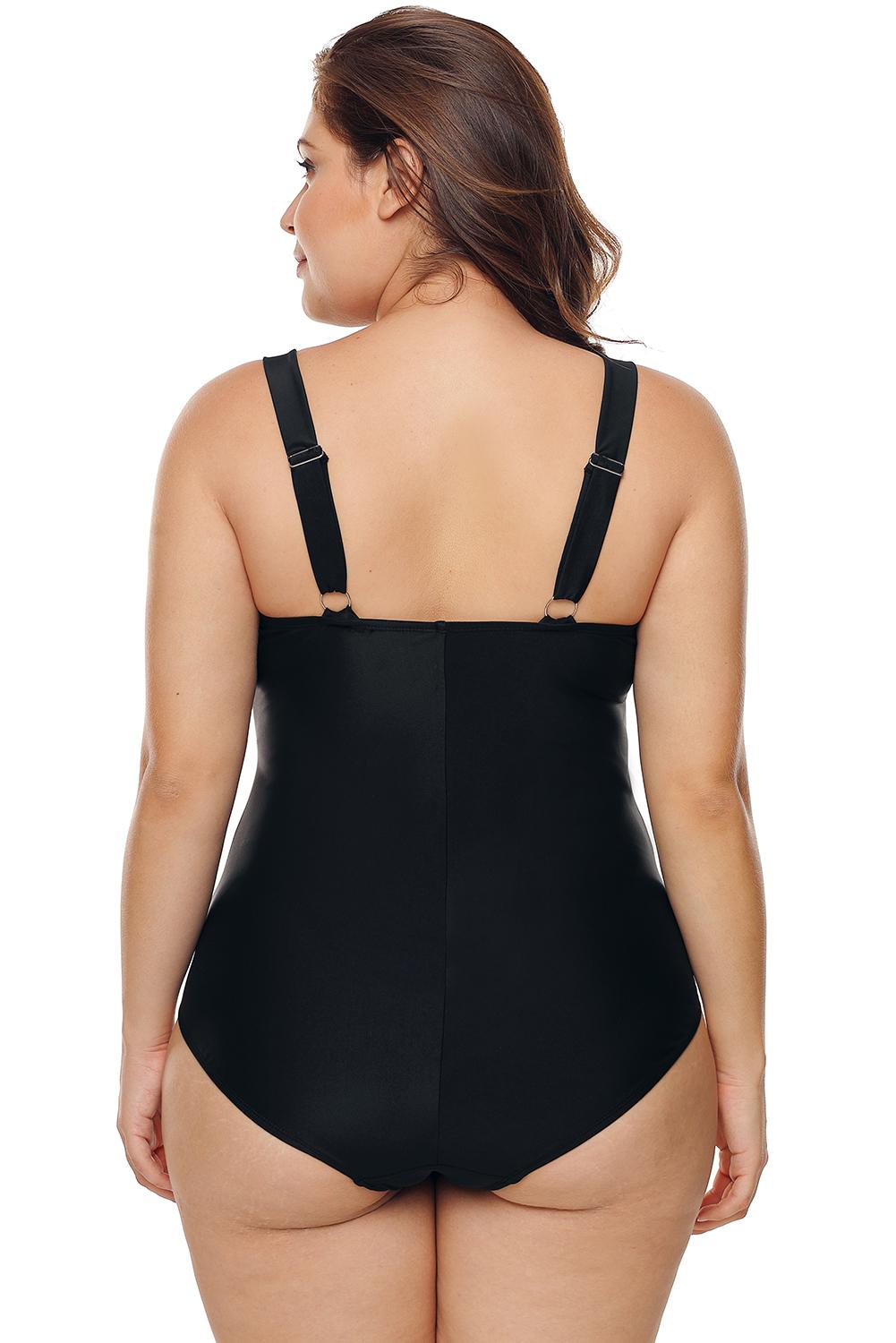 Solid Black Hollow-out Neck Plus Size Maillot Swimwear