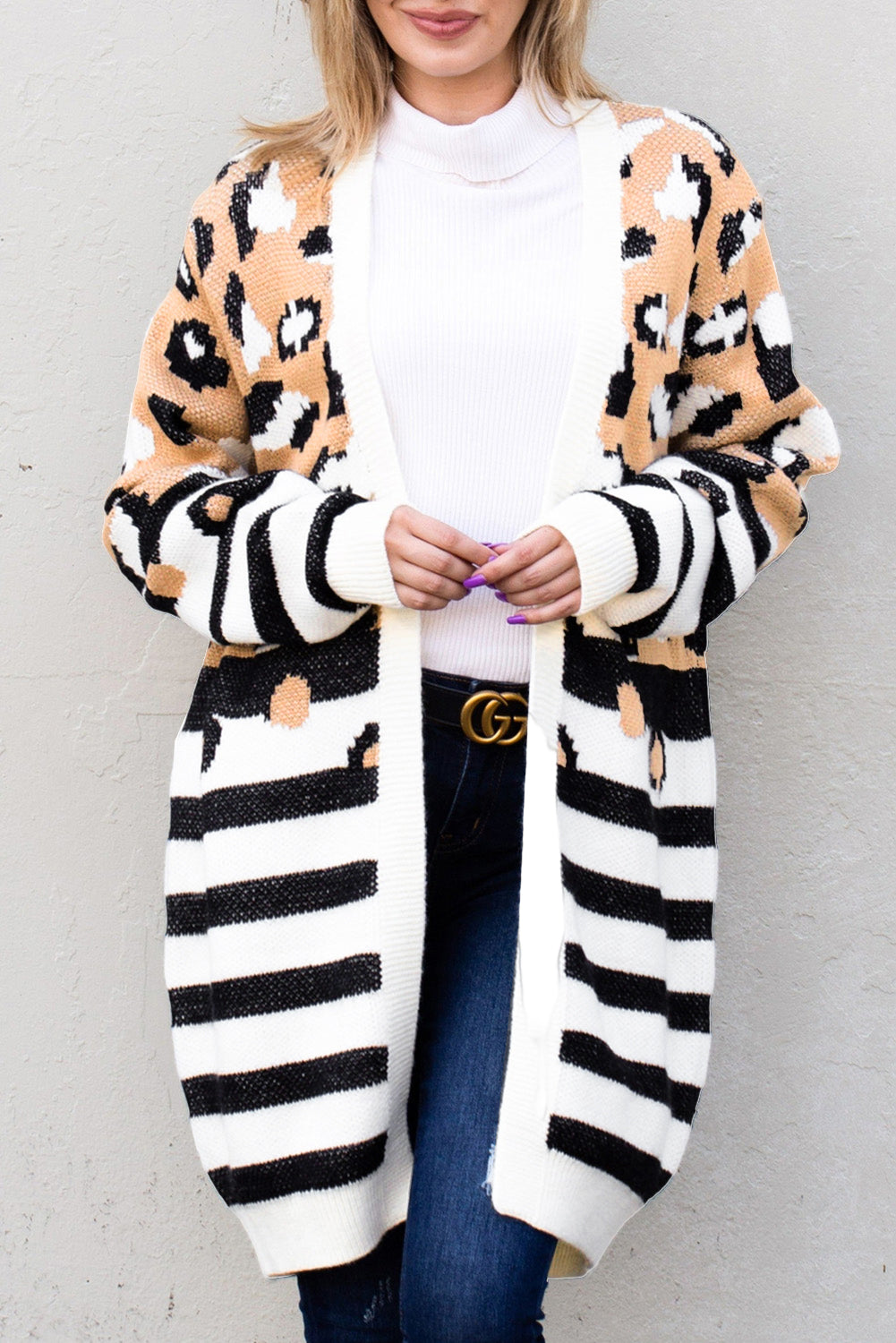 Brown Leopard Striped Mixed Print Cardigan