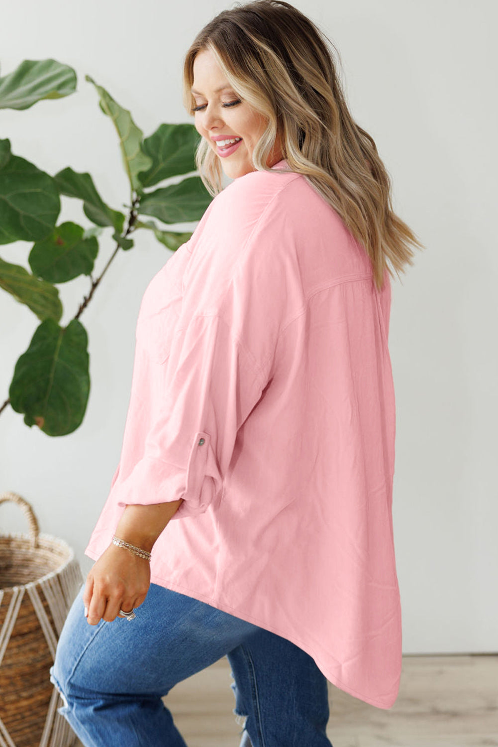 Pink Flap Pocket Tab Sleeve Button-Down Plus Size Shirt