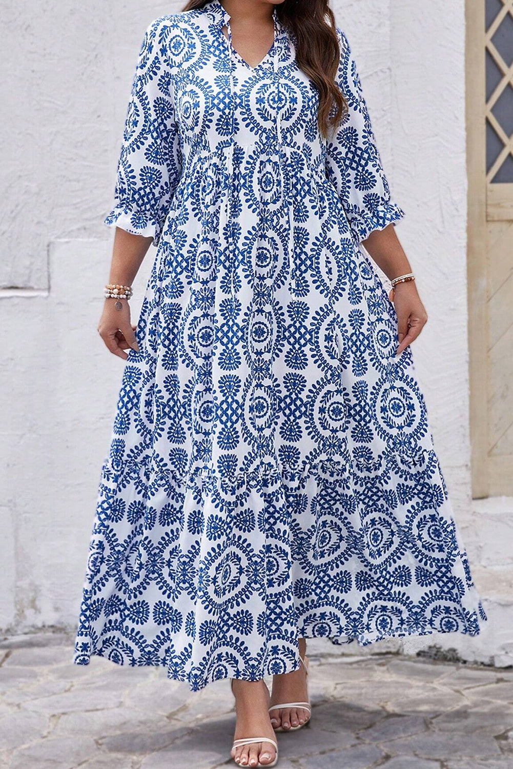 Sky Blue Geometric Print Plus Size Maxi Dress