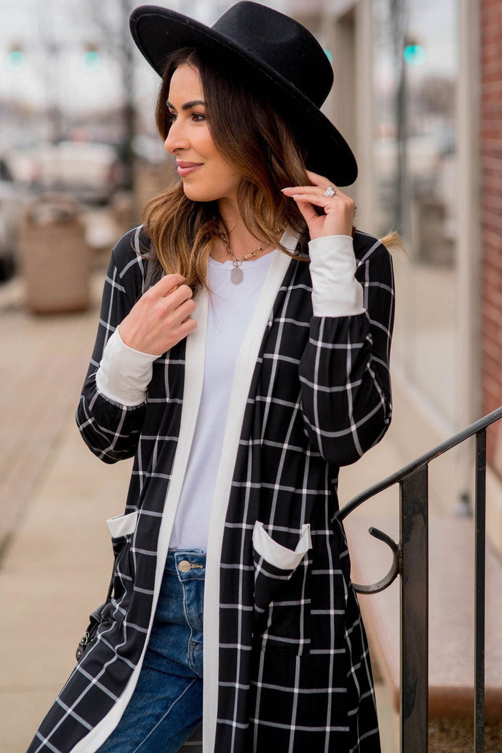 Black Plaid Open Cardigan with Pocket