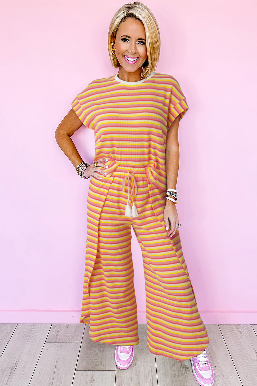 Striped Tassel Tee & Wide Leg Pants Set