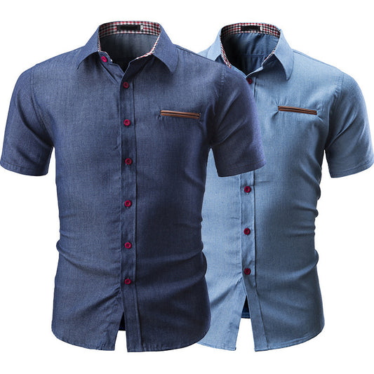 Men's Leather Trim Pocket Casual Short-sleeved Shirt