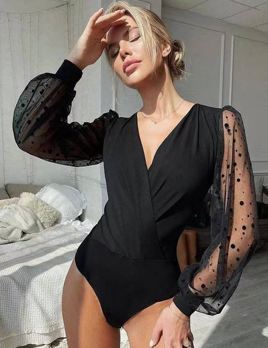 Mesh Long Sleeve V Neck Bodysuit