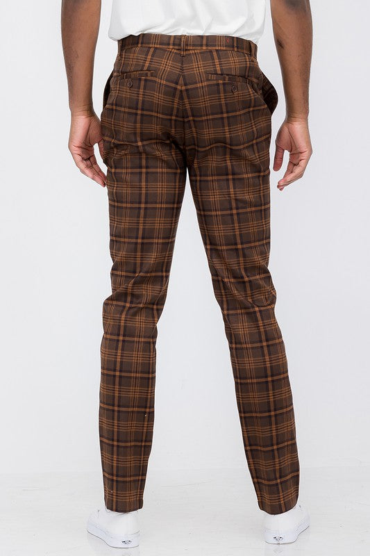 Mens Brown/Blk Men Plaid Trouser Pants