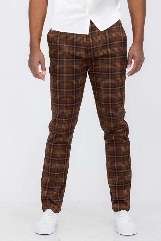 Mens Brown/Blk Men Plaid Trouser Pants