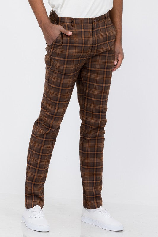 Mens Brown/Blk Men Plaid Trouser Pants