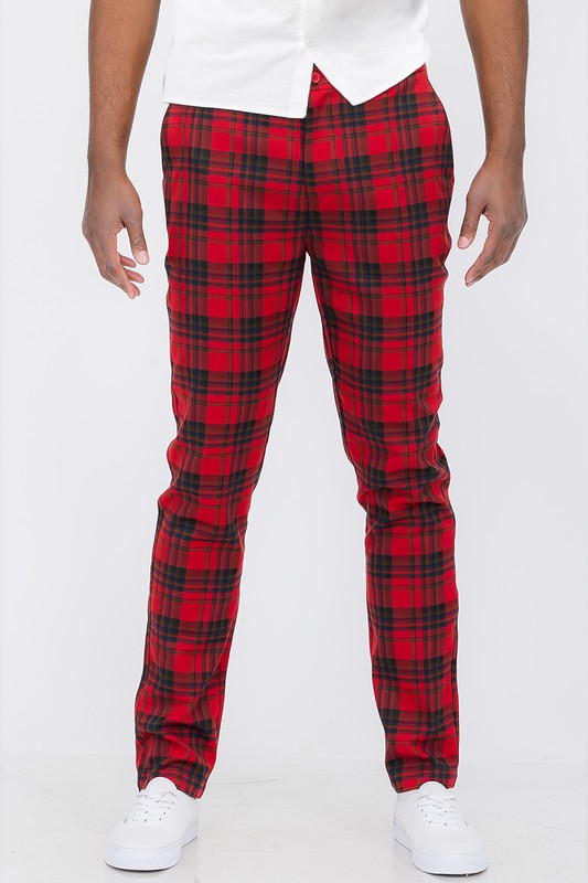 Men Red/Blk Plaid Trouser Pants