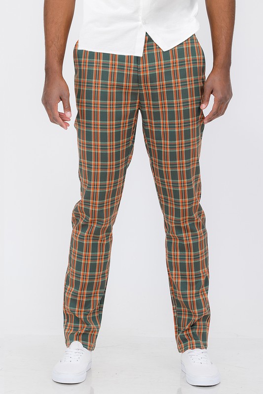 Men Green/ Orange Plaid Trouser Pants