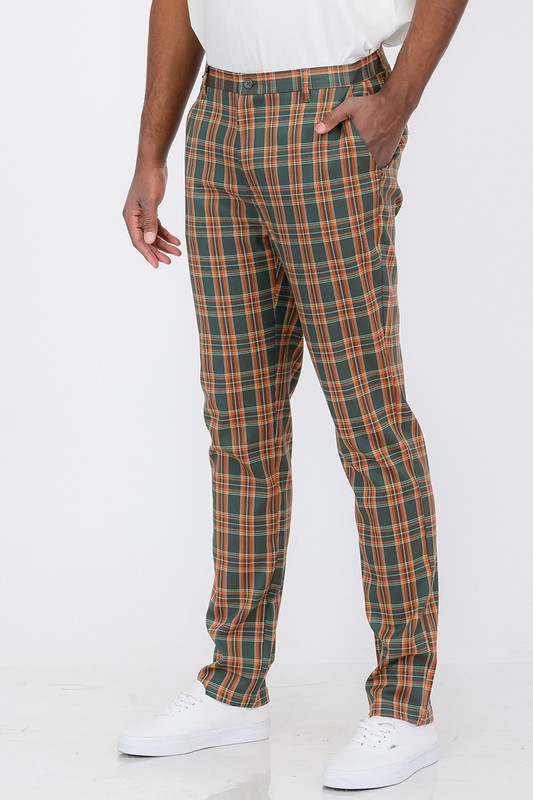 Men Green/ Orange Plaid Trouser Pants