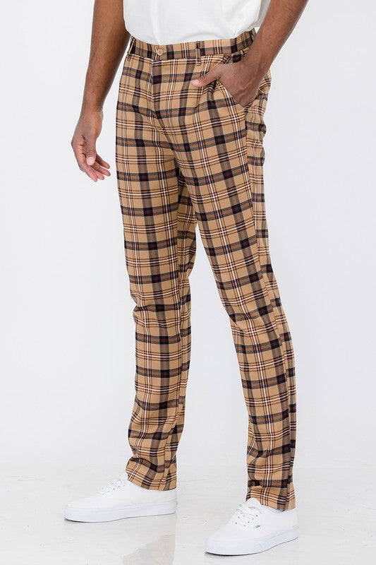 Men Beige/Wht Plaid Trouser Pants