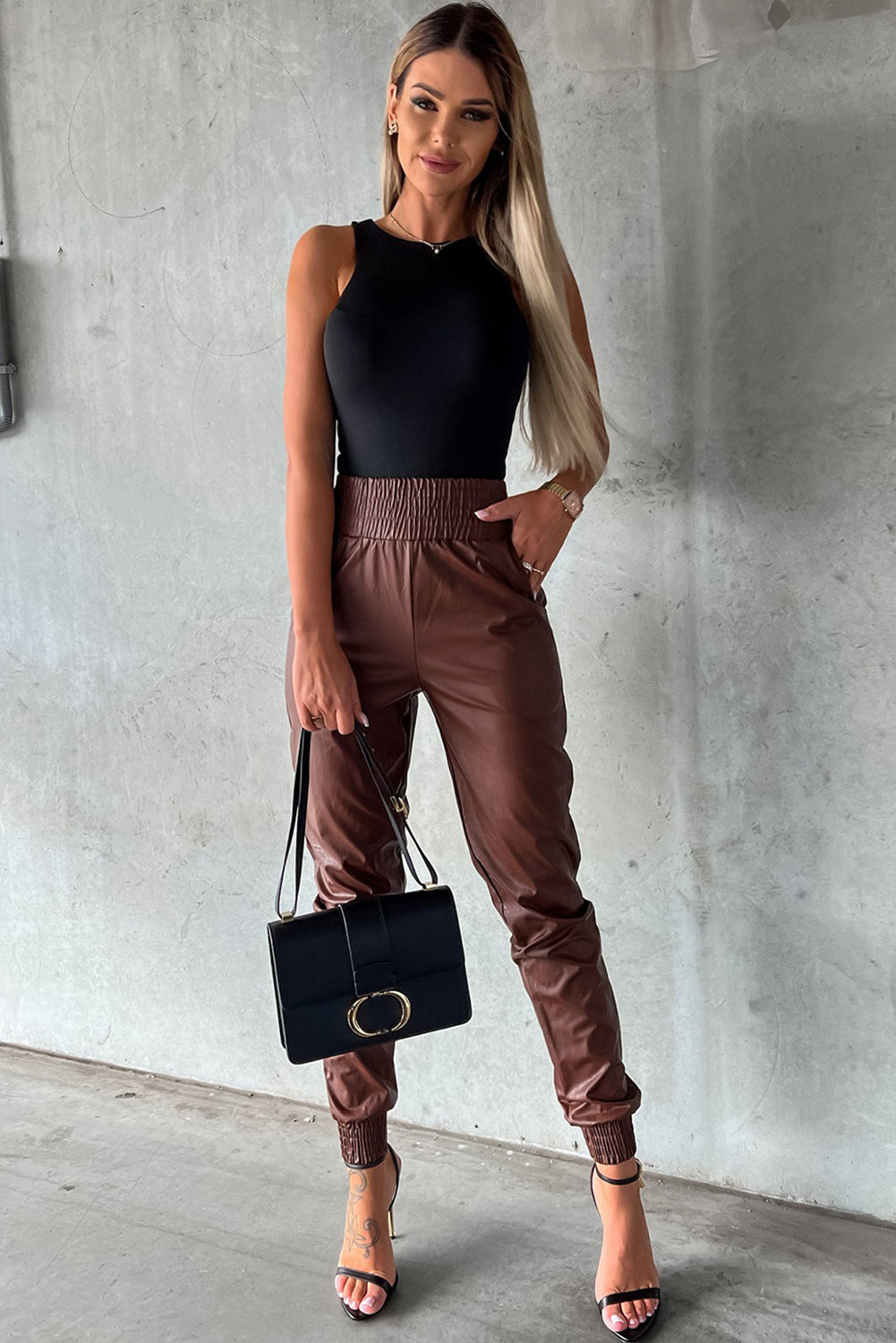 Brown Smocked High Waist Leather PU Skinny Pants