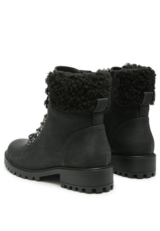 Lace-Up Fur Collard Ankle Boots