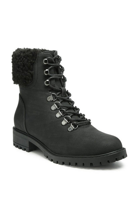 Lace-Up Fur Collard Ankle Boots