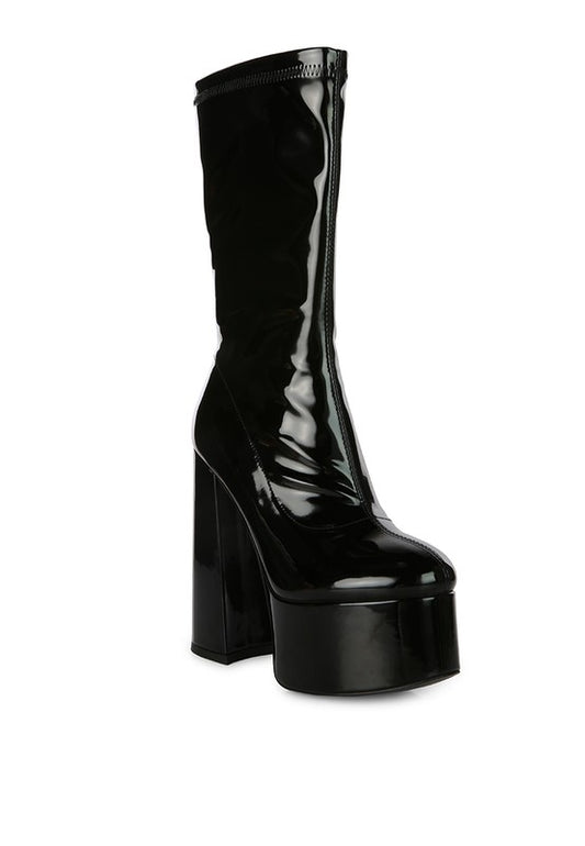 Patent PU Platform Heeled Calf Boots