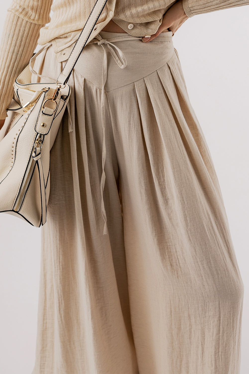 Beige Drawstring Pleated Wide Leg Pants